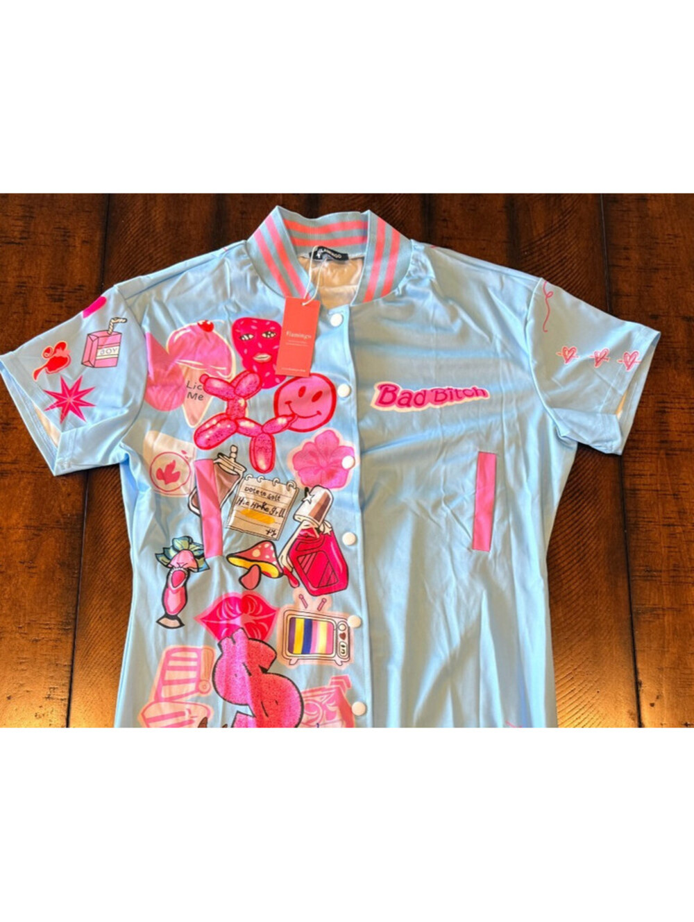 Flamingo 2XL Graphic Streetwear Shirt Dress Y2K Punk Varsity Snap Front NWT
